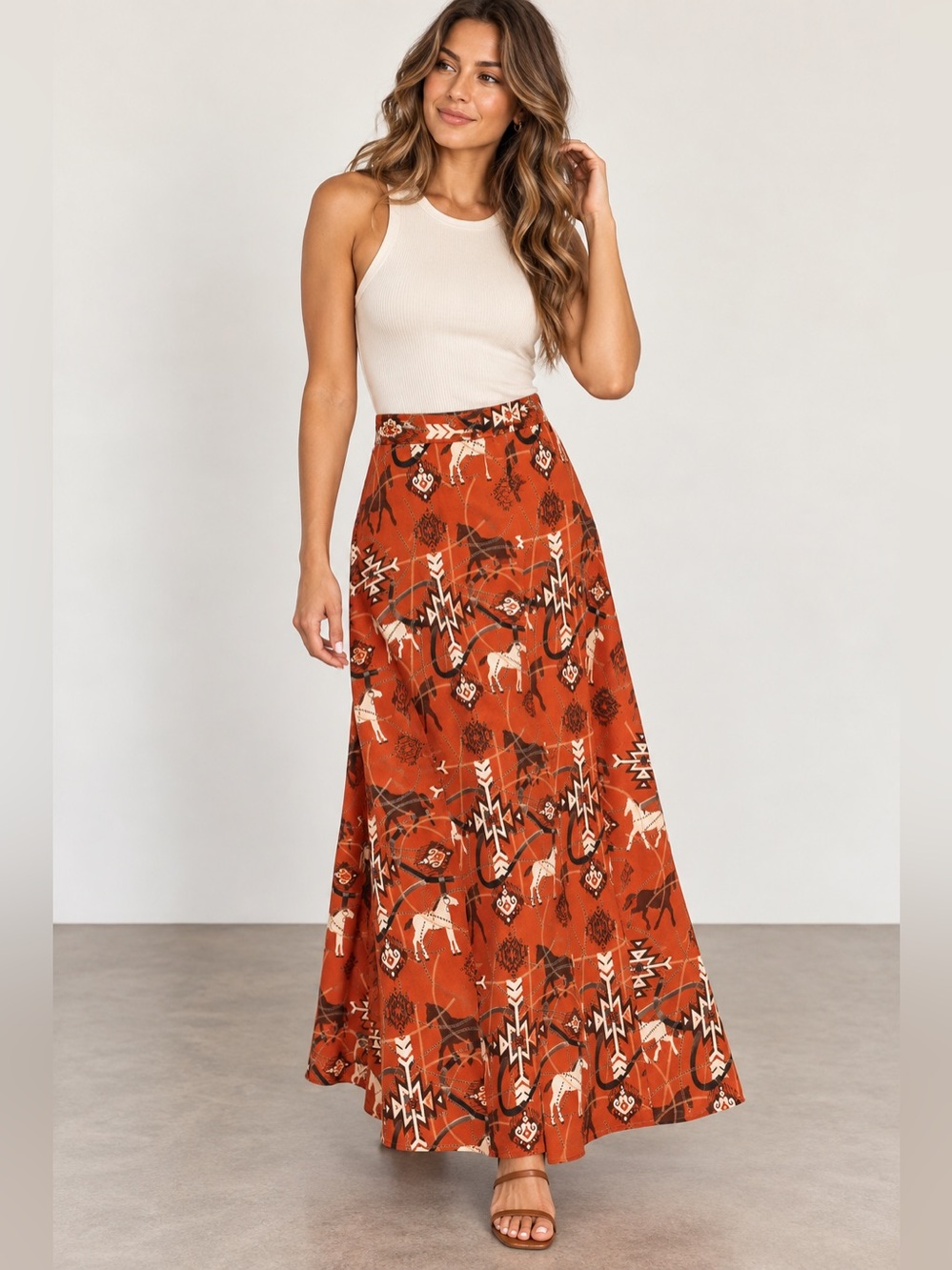 antonio melani western horse print rust orange maxi skirt size 4